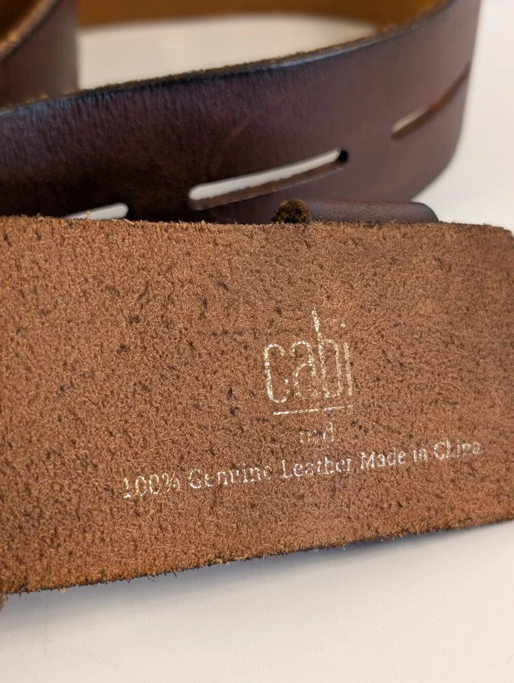 CAbi Here or There Belt 3298 Medium Brown Leather Wide Slotted Brass 45”